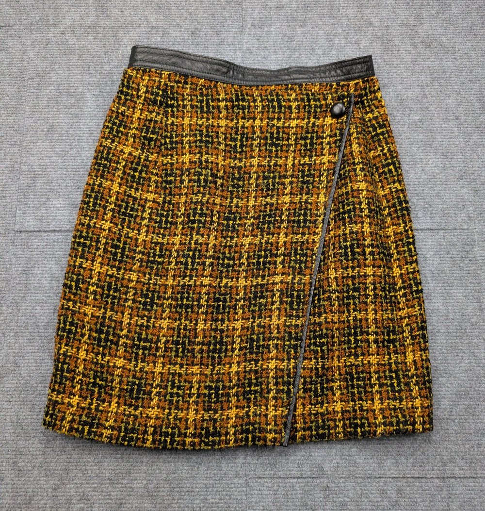 Express Tweed Skirt Women 7 8 Wool Vintage Plaid Leather Trim Academia Old Money